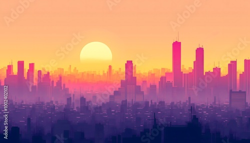 An abstract and minimalistic illustration of a cityscape during a sunrise