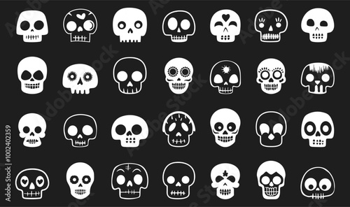 Quirky cute funny skulls white icons set. Happy Halloween Day of dead spooky stickers print poster card design elements. Human dead head bones. White simple flat style. Isolated vector on dark