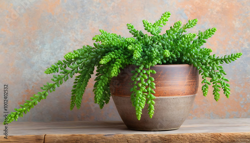 Vintage ceramic pot with green plants for cozy decoration. photo