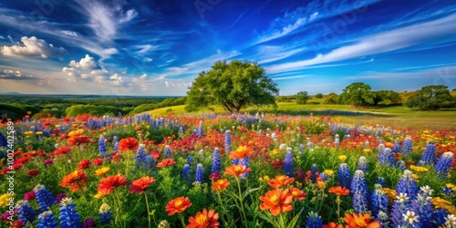 Lush green landscapes are alive with vibrant wildflowers in Texas, blooming beautifully under a clear blue sky, creating a picturesque and serene environment.