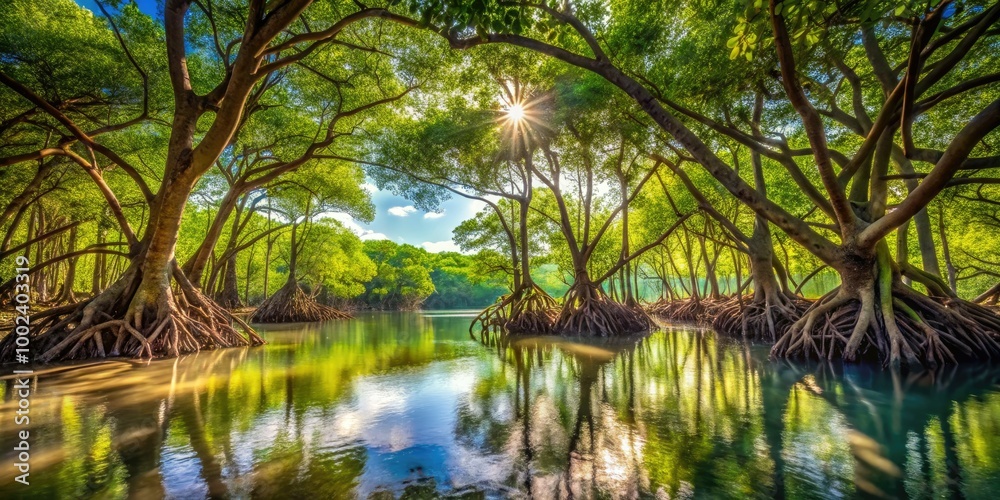 Lush mangrove trees thrive in a coastal ecosystem, showcasing dense roots intertwined with vibrant green foliage, creating a unique habitat teeming with life. Lush mangrove trees thrive in a coastal ecosystem, showcasing dense roots intertwined with vibrant green foliage, creating a unique habitat teeming with life.