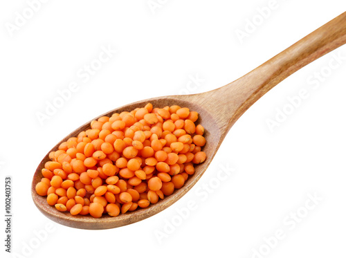 Lentils in a wooden spoon a white background. Isolated