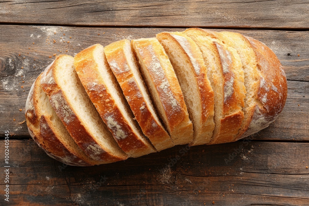 sliced loaf of bread on wooden table. top view - generative ai sliced loaf of bread on wooden table. top view - generative ai