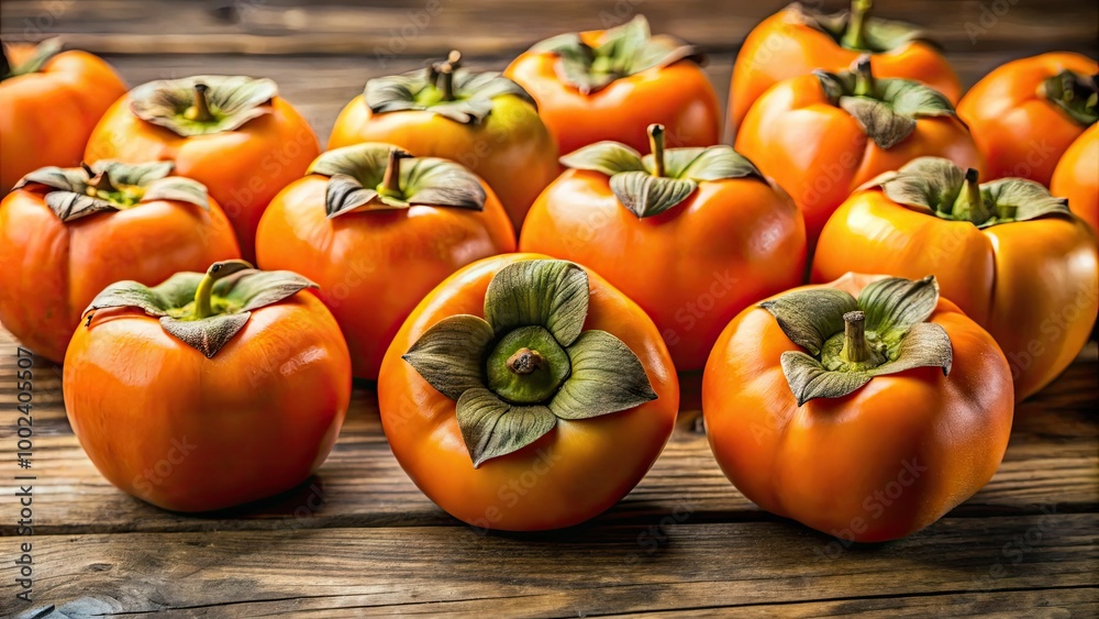 On a weathered wooden tabletop, bright orange persimmons are freshly harvested, showcasing their delightful natural texture and brilliant color, inviting admiration and culinary creativity. On a weathered wooden tabletop, bright orange persimmons are freshly harvested, showcasing their delightful natural texture and brilliant color, inviting admiration and culinary creativity.
