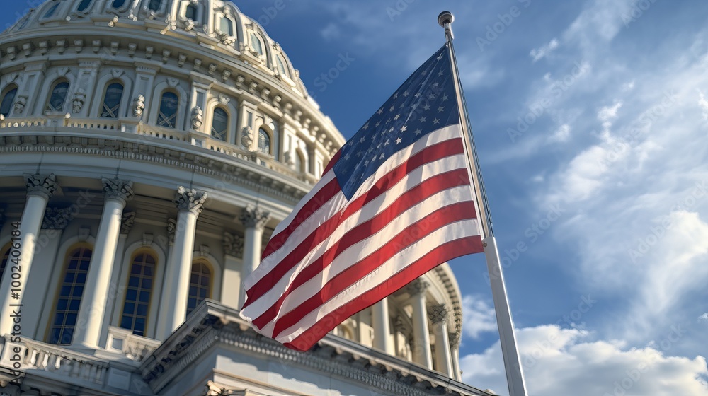 Fototapeta premium American flag waving in front of the United States Capitol under a clear blue sky
