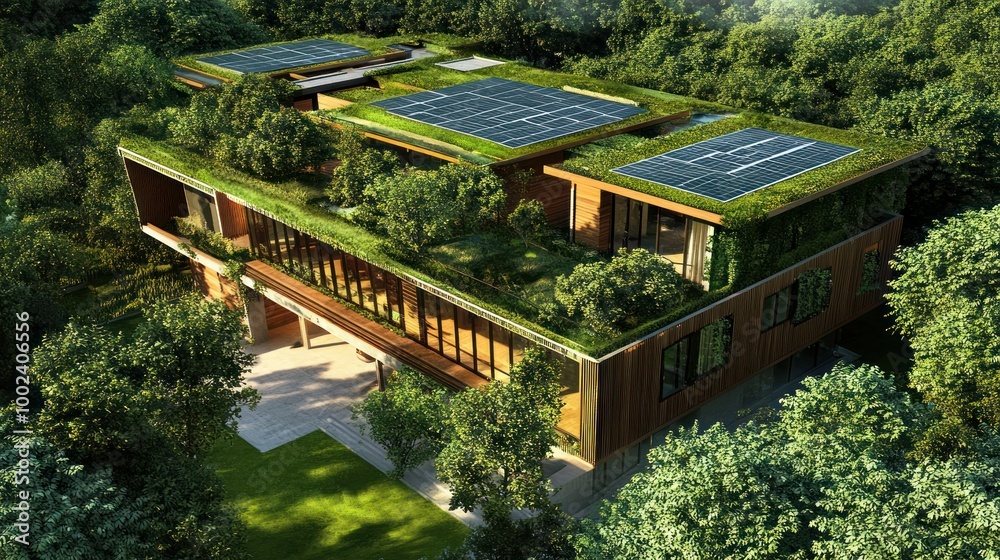 Modern Eco-Friendly House with Green Roof and Solar Panels