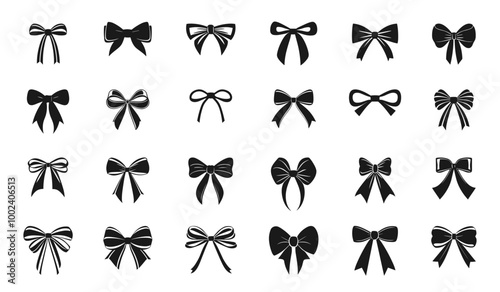 Silhouette decorative bow black icon set. Ribbon tied bowknot. Gift packaging festive hair fashion bow holiday present design elements. Black and white simple flat style. Isolated vector on white