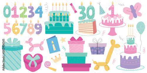 Birthday elements big vector set. Candle numbers, birthday cakes, gift boxes, balloons.