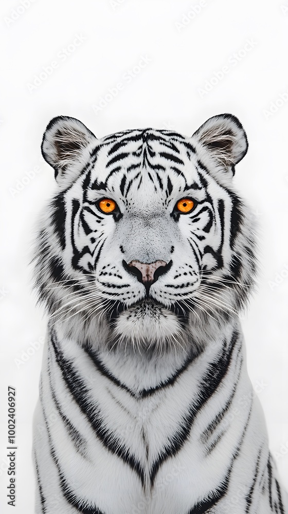 White tiger, white background, orange eyes, symmetrical composition, symmetrical close-up photo of face White tiger, white background, orange eyes, symmetrical composition, symmetrical close-up photo of face