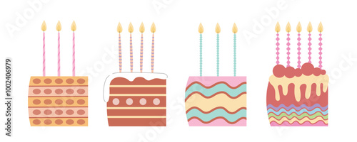 Set of chocolate birthday slices of cake with candles. Different birthday cakes set