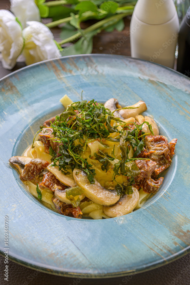 mediterranean pasta with mushrooms, sun-dried tomatoes, garlic and deep-fried rocket salad mediterranean pasta with mushrooms, sun-dried tomatoes, garlic and deep-fried rocket salad