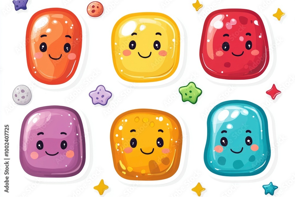 Six Colorful Jelly-Like Cartoon Faces with Stars Six Colorful Jelly-Like Cartoon Faces with Stars