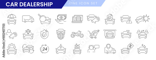 Auto sale dealership line icon set. Automotive industry, car dealers, vehicle trade center linear symbols. Rental service, motorcycle repair, purchase agreement, transportation insurance or warranty