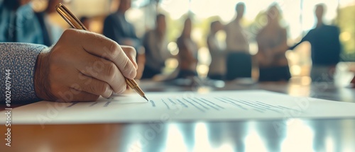 Hand writing on document in meeting setting photo