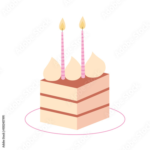 Slice of cake tiramisu with candles vector flat illustration