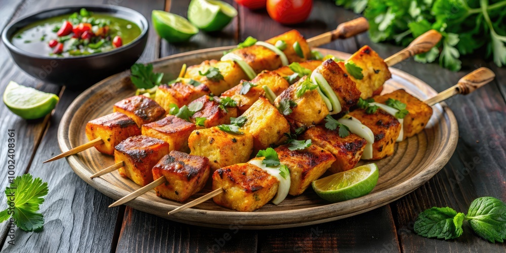 Savor mouthwatering Malai Kebab skewers, perfectly grilled and garnished with fresh herbs and spices, served on a platter for an unforgettable culinary experience. Savor mouthwatering Malai Kebab skewers, perfectly grilled and garnished with fresh herbs and spices, served on a platter for an unforgettable culinary experience.