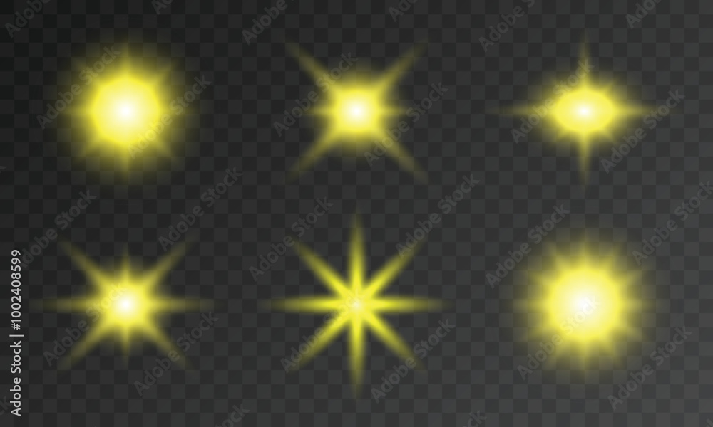 Set of yellow sun sparkles or light effects graphics. Vector illustration, EPS10 Set of yellow sun sparkles or light effects graphics. Vector illustration, EPS10