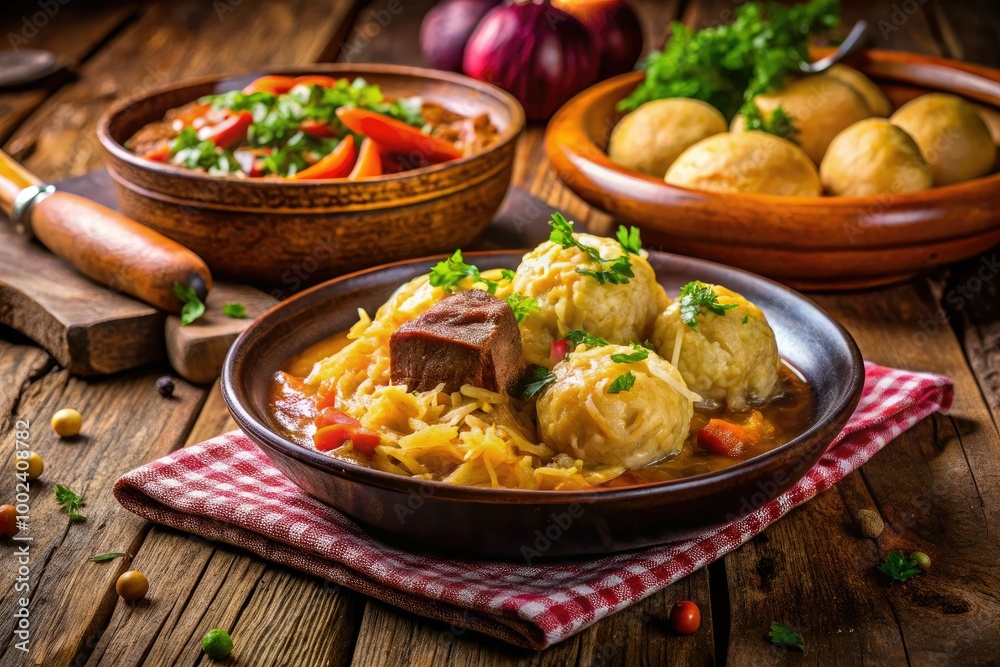 Savor the rustic charm of Štúr, a delectable Slovak dish, accompanied by fluffy dumplings and tangy sauerkraut in a warm, inviting setting. Savor the rustic charm of Štúr, a delectable Slovak dish, accompanied by fluffy dumplings and tangy sauerkraut in a warm, inviting setting.