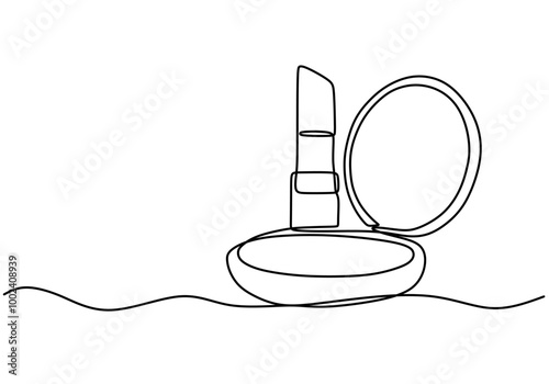 One line drawing of makeup tools. Represents beauty and creativity in a clean style.