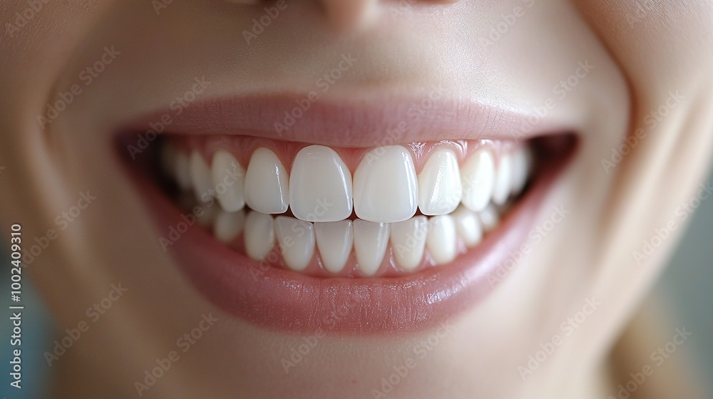 Fototapeta premium A close-up photo of a person's upper teeth with bright white enamel and healthy pink gums