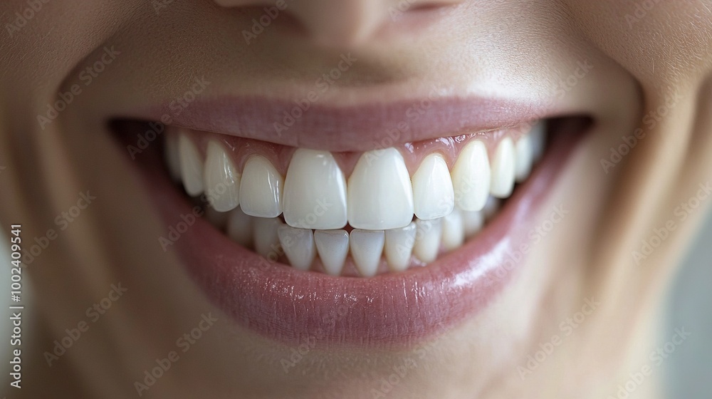 Close-up of a person's teeth showing white upper teeth and pink gums Close-up of a person's teeth showing white upper teeth and pink gums