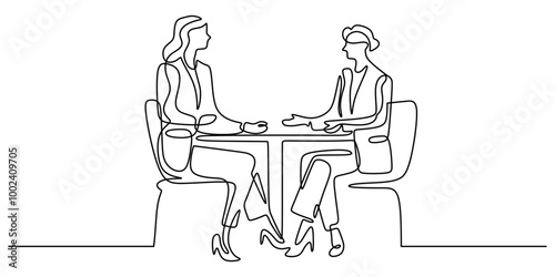 One line drawing of two women chatting or interviewing. Represents connection and dialogue.