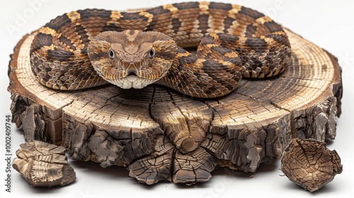 A Detailed View of a Brown and Yellow Rattlesnake Resting on a Wooden Stump photo