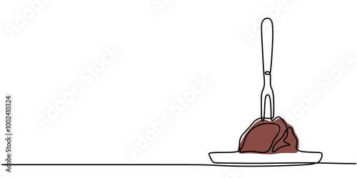 Bold One Line Drawing of a Steak with a Fork, Minimalist Gourmet Representation.