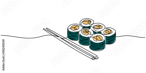 Elegant One Line Drawing of Sushi with Chopsticks, Representing Traditional Food.