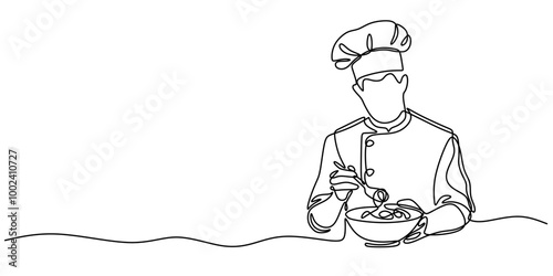 Chef Cooking in a One Line Drawing, Highlighting Professional Culinary Skills.