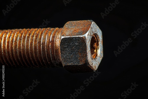 Macro shot of a bolt with intended side light, isolated against black background - generative ai