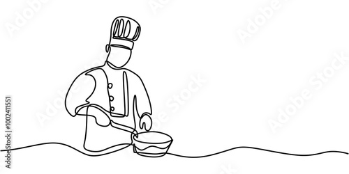 Simple One Line Drawing of a Chef Preparing Food in the Kitchen, Modern Cooking Illustration.