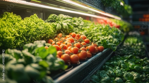 Fresh Organic Produce Display at a Grocery Store with Vibrant Greens and Reds photo