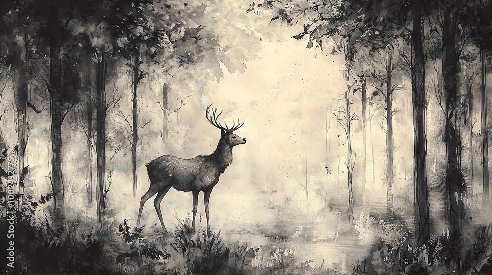 Naklejka premium A monochrome image of a deer amidst towering trees in a forest setting