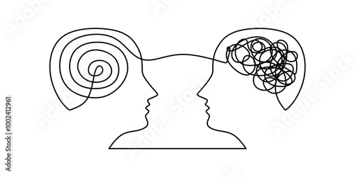 Minimalist One Line Drawing of Two Heads with Swirling Lines, Symbolizing Complexity and Connection.