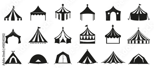 Tent icons set. Pavilion marquee outdoor shelter silhouettes. Awning for festival, circus, party, sales, and carniva, tourism, hiking. Black and white simple flat style. Isolated vector on white