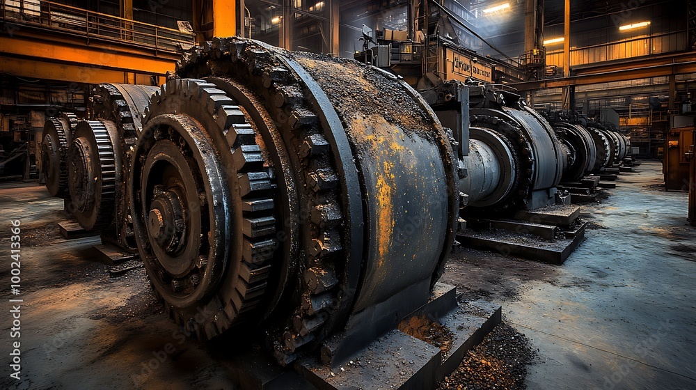 massive machines grinding and crushing iron ore into smaller pieces. The equipment is rugged, covered in dust and ore residue, set in a dimly lit workshop environment. massive machines grinding and crushing iron ore into smaller pieces. The equipment is rugged, covered in dust and ore residue, set in a dimly lit workshop environment.
