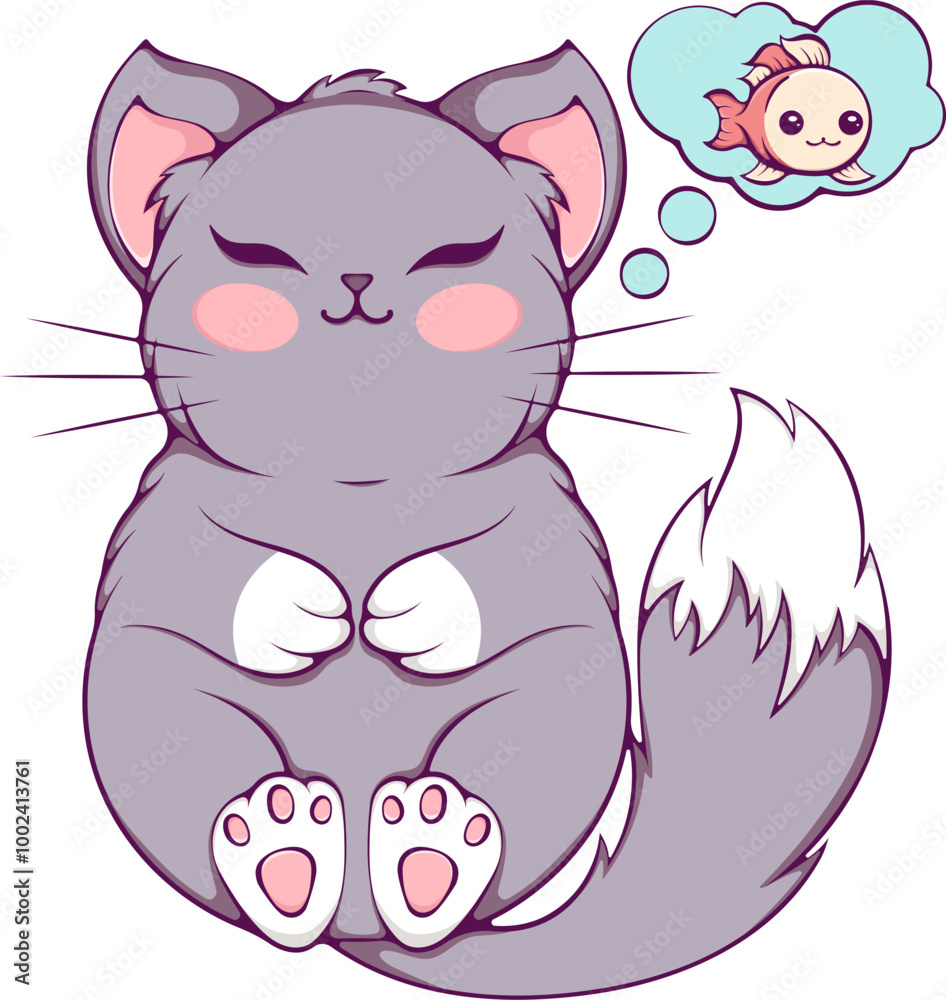 Fototapeta premium Cute sleeping on his back cat in kawaii style. The cat dreams of a fish. Funny baby character. Design element for poster, postcard, greeting card, children clothes, t-shirts
