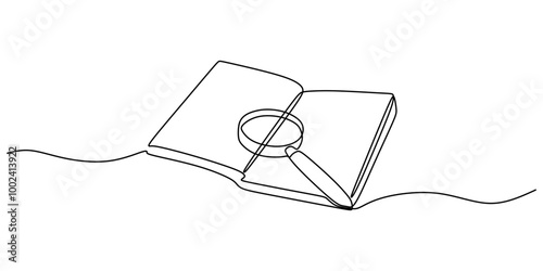 Minimalist One Line Drawing of a Magnifying Glass Over an Open Book, Representing Research and Knowledge.