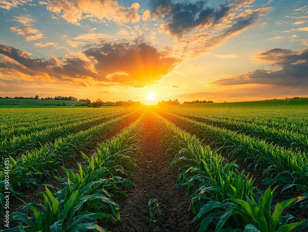 A field of corn is shown with the sun shining through the clouds A field of corn is shown with the sun shining through the clouds