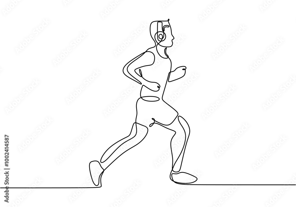One Line Drawing of a Man Running with a Headset, Representing Modern Fitness and Activity. One Line Drawing of a Man Running with a Headset, Representing Modern Fitness and Activity.