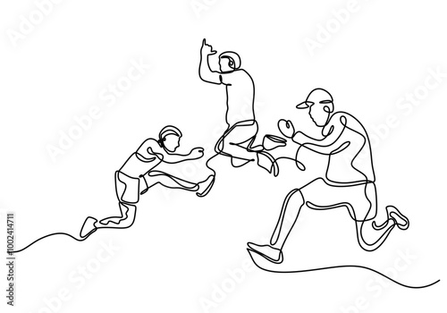 One Line Drawing of Three Men Jumping Together, Dynamic Representation of Joy and Energy.