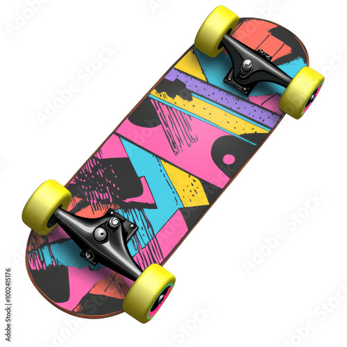 Colorful skateboard with unique design on display, transparent cutout png