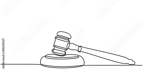 One Line Drawing of a Gavel, Minimalist Representation of Judicial Authority.