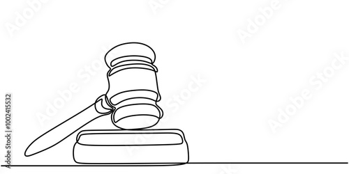 One Line Drawing of a Courtroom Gavel, Simple Design Symbolizing Legal Power and Order.