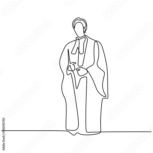 One Line Drawing of a Judge in Formal Attire, Minimalist Representation of a Judicial Figure.