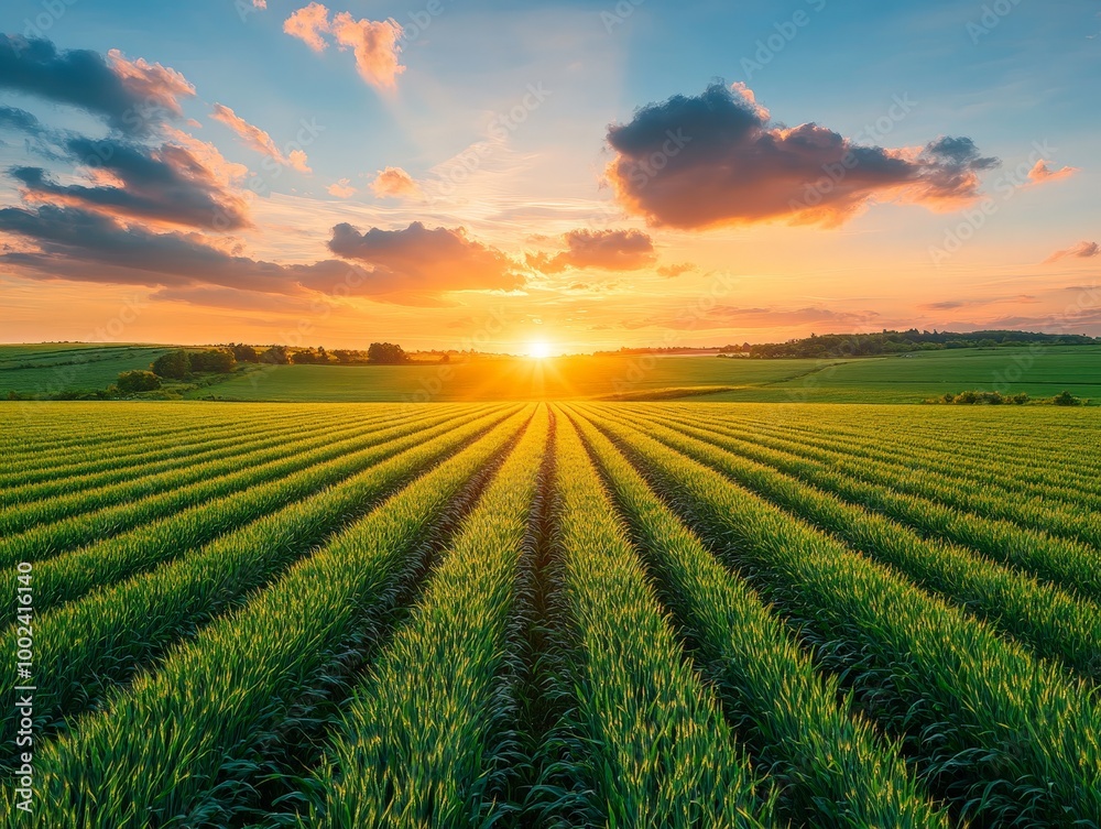 A field of green grass with a sun setting in the background A field of green grass with a sun setting in the background