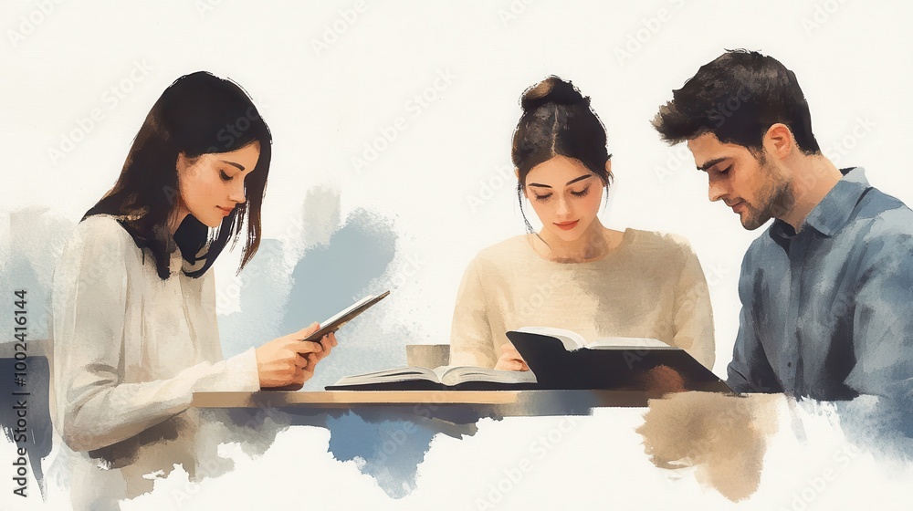 A group of friends studying scripture together in a peaceful and cozy coffee shop setting captured in a warm watercolor style painting The scene conveys a sense of contemplation learning A group of friends studying scripture together in a peaceful and cozy coffee shop setting captured in a warm watercolor style painting The scene conveys a sense of contemplation learning