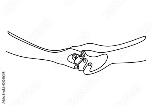 One Line Drawing of Two Hands Intertwined, Minimalist Representation of Togetherness and Support.