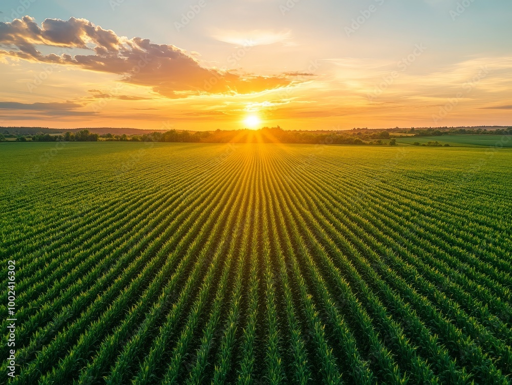 A field of green corn with a beautiful sunset in the background A field of green corn with a beautiful sunset in the background